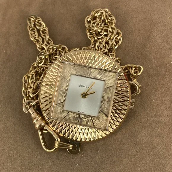Vintage Bulova Pendant Watch 1.25 inch Square Face on Round Bezel Gold Plated - Picture 2 of 6